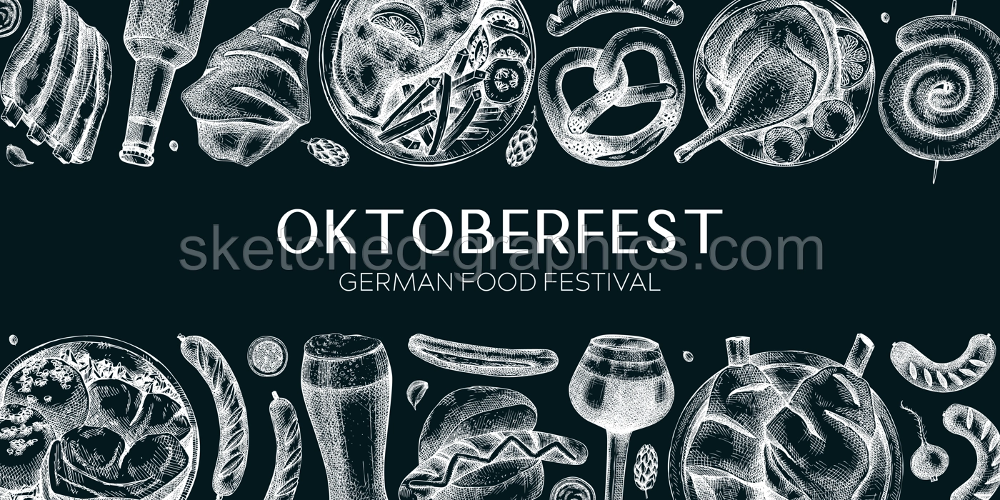 German food background on chalkboard. Oktoberfest menu design. Vector meat dishes sketches. German cuisine banner in vintage style. Traditional Food festival illustration. Beer hand drawing Illustration